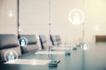 Abstract virtual social network hologram on a modern coworking room background. Double exposure