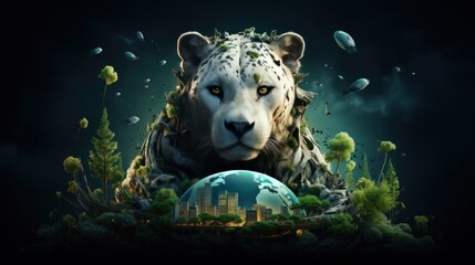 Fantasy landscape with a white tiger and the planet earth