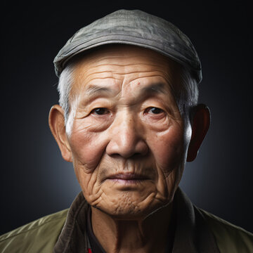 An aged Asian chap mulls and gazes into the lens in a studio up-close.