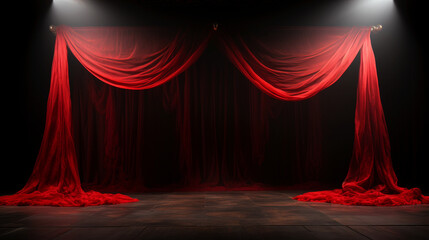 Classic banner with red and black theater curtains. Award ceremony background. Modern dark background with copy space. Generative AI