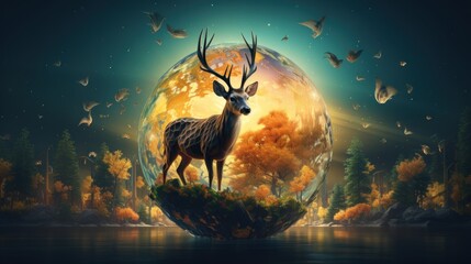 Fantasy scene with deer in the forest