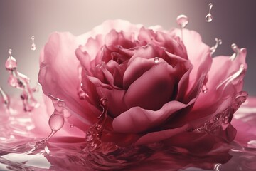 beautiful rose with pink fluid elements, splashing, in a dreamy mood, creates a luxurious structure building. Generative AI