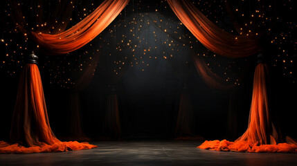 Classic banner with orange and black theater curtains. Award ceremony background. Modern dark background with copy space. Generative AI - obrazy, fototapety, plakaty