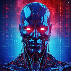 an evil Terminator-style artificial intelligence overheating. Cyan and red colors. Neon lights. Darkness. Dark background of circuits and binary codes descending vertically. 97:57. Great color contras - obrazy, fototapety, plakaty