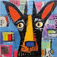 Art brut dog, bright bold colours, thick textured paint, thick black strokes, incredible detail