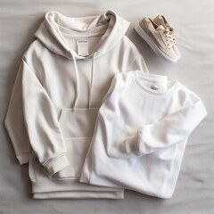 folded outfit ideas that go well with a white sweatshirt, top view, close up 