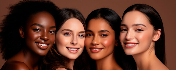diverse, international beautiful young women. on a plain background. darkskinned, white
