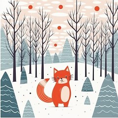 winter forest and red cat with santa hat