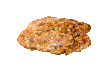 Delicious fried chicken breast in batter with mustard, salt, spices and cheese
