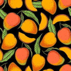 Ripe mango seamless pattern. Hand drawn vector illustration. Tropical fruit. Packaging design, menu design, juice packaging. Mango background.