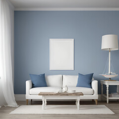 A Blank white Frame mock-up. a coastal living room with a blue and white color scheme, a sofa, and nautical accents..