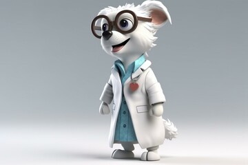 3D dog dressed as doctor, wearing a white medical coat, standing on a white background. Generative AI