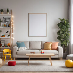 A family-friendly living room with toys, a Blank white Frame mock-up, a play area, and a comfortable sectional sofa