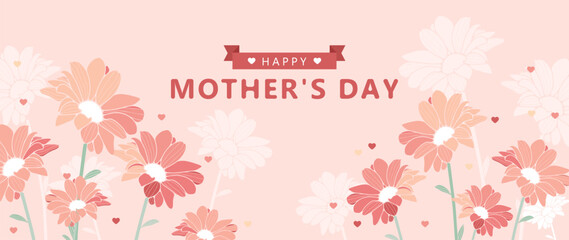 Fototapeta na wymiar Horizontal delicate pink Mother's Day card with delicate daisies and hearts.