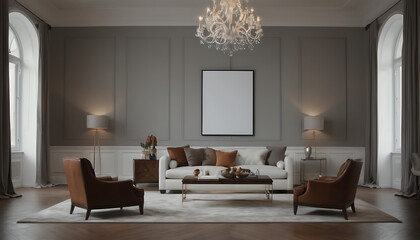 a high-ceilinged living room with tall windows, a Blank white Frame mock-up, a chandelier, and elegant furniture