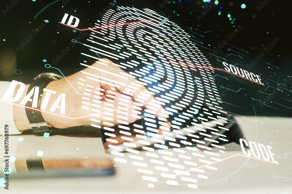 Fototapete multi exposure of abstract fingerprint scan interface and hand working with a digital tablet on back