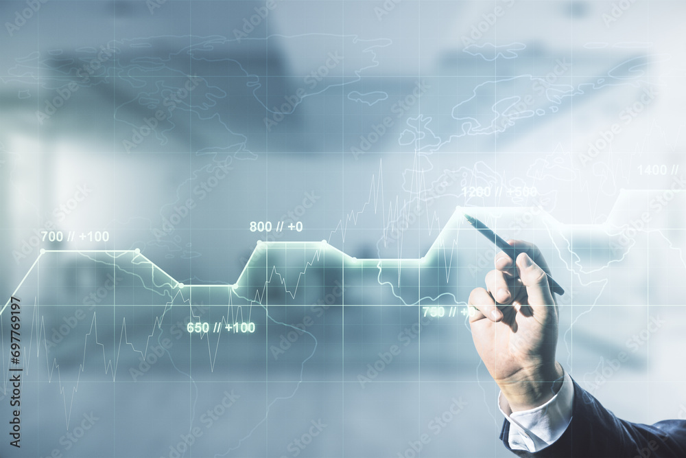 Poster Man hand with pen working with abstract virtual analytics data spreadsheet on blurred office background, analytics and analysis concept. Multiexposure