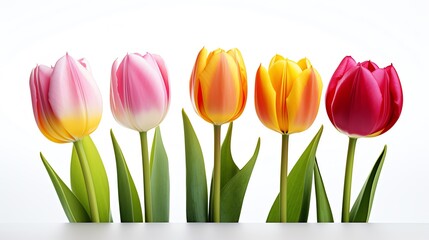 a group of tulips with green leaves