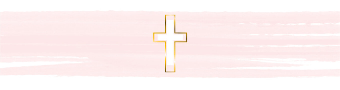 banner crosses illustration Isolated on transparent background, textured background, golden cross on peach background, vector pink Watercolor splash Easter cross clipart.