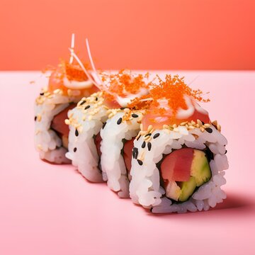Asian and oriental food, sulli rolls on a salmon colored background