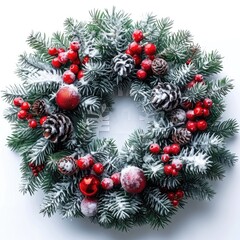 Fototapeta na wymiar Advent wreath with red holly berries on a white background. New Year card, banner