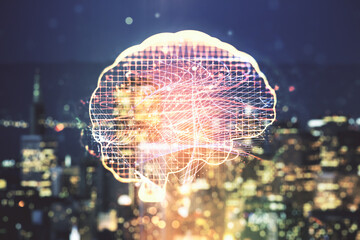 Double exposure of creative human brain microcircuit hologram on blurry office buildings...