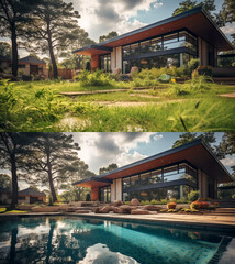 Before and After of An Unattended Mediocre Back Yard to A Beautiful Yard with a Swimming Pool. Generative AI. - obrazy, fototapety, plakaty