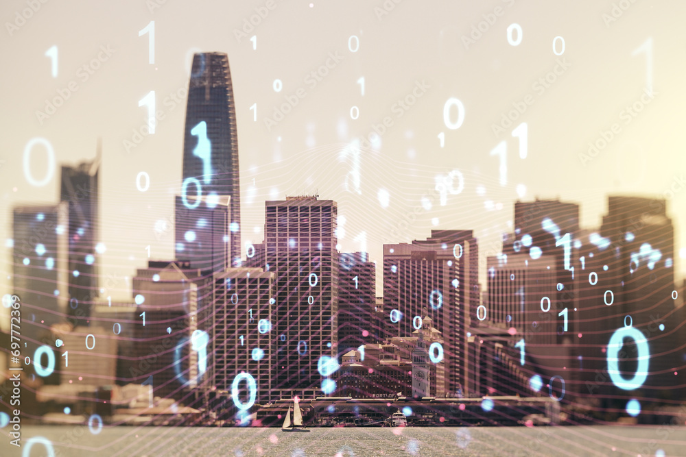 Aufkleber Abstract virtual binary code hologram on San Francisco cityscape background, AI and machine learning concept. Multiexposure