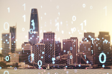 Abstract virtual binary code hologram on San Francisco cityscape background, AI and machine...