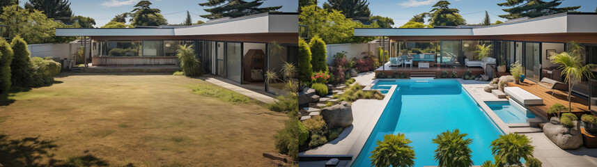 Before and After of An Unattended Mediocre Back Yard to A Beautiful Yard with a Swimming Pool. Generative AI. - obrazy, fototapety, plakaty