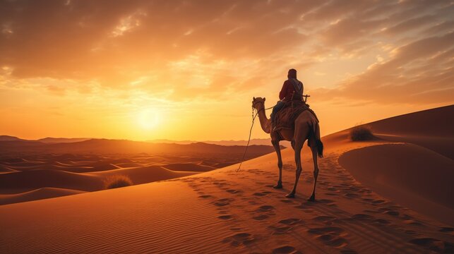 Man riding a camel in the desert watching the sunset, AI generated Image