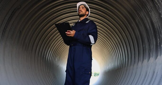 Mechanical engineer or Civil engineer with green safety jacket and hard hat work on a tablet inside the huge pipe at the construction sideline