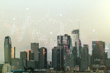 Multi exposure of virtual abstract financial diagram on Los Angeles office buildings background,...