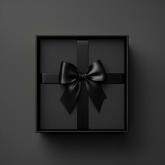 Black gift box, with a black bow on a black background, ideal for giving to a man or a dad