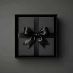 Black gift box, with a black bow on a black background, ideal for giving to a man or a dad