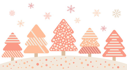 Winter banner geometric Christmas tree color peach fluff. Vector horizontal background