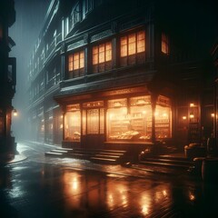 A dimly lit antique shop in cinematic lightening. Cold and rainy night presenting loneliness and cinema.