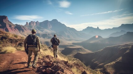 Border patrol patrolling in the wasteland keeping a nation's borders secure. Mountainous terrain in the background with soldiers. - obrazy, fototapety, plakaty