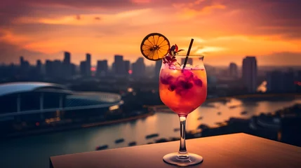 Tuinposter A champagne cocktail with a slice of orange and a view of Singapore © Vivid Canvas