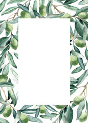 Watercolor Frame with Elegant Olive Branch