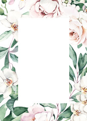 Watercolor Frame with Orchid, Leaves and Roses