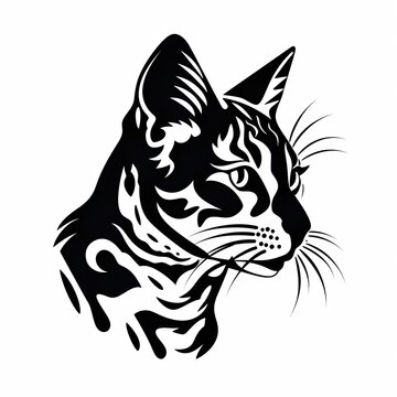Black and white image in silhouette of a tattoo-style cat