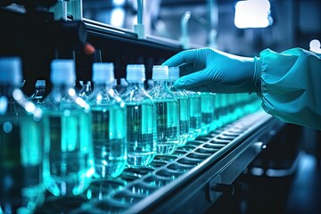 Person with gloves placing bottles on the conveyor, in the style of cyan and azure, detailed scientific subjects, soft focus lens, rtx on, polished