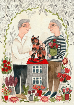 A couple standing next to a house with a cat in the middle and flowers around