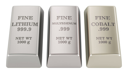 Lithium, cobalt, molybdenum bars, EV metals ingots. 3D rendering isolated on transparent background