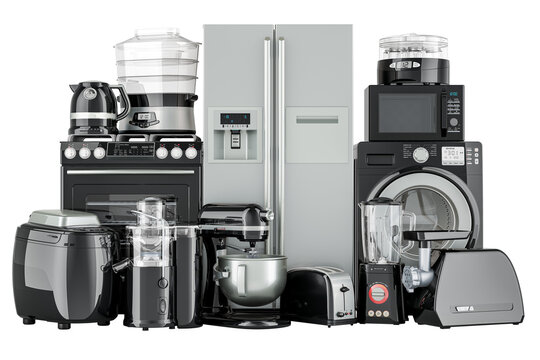 Set of kitchen appliances, silver and black colors. 3D rendering isolated on transparent background