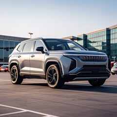 Yangwang U8 SUV painted in a stunning colors is parked in front of a charming airport with a white picket fence Sunny day clear blue sky The car has an angular front grille and a white roof with gray 