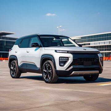 Yangwang U8 SUV painted in a stunning colors is parked in front of a charming airport with a white picket fence Sunny day clear blue sky The car has an angular front grille and a white roof with gray 