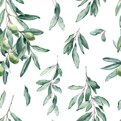 Watercolor Seamless Pattern Background with Elegant Olive Branch