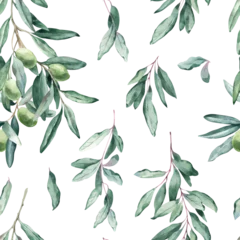 Foto op Plexiglas Watercolor Seamless Pattern Background with Elegant Olive Branch © Юлия Павлова